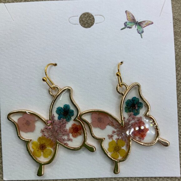 Boutique Jewelry - Butterfly Pressed Dried Flowers Resin Gold Tone Earrings